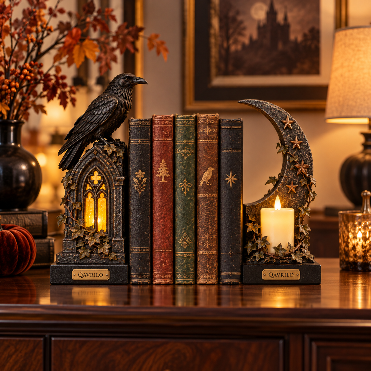 QAVRILO™ Midnight Raven Library Bookends